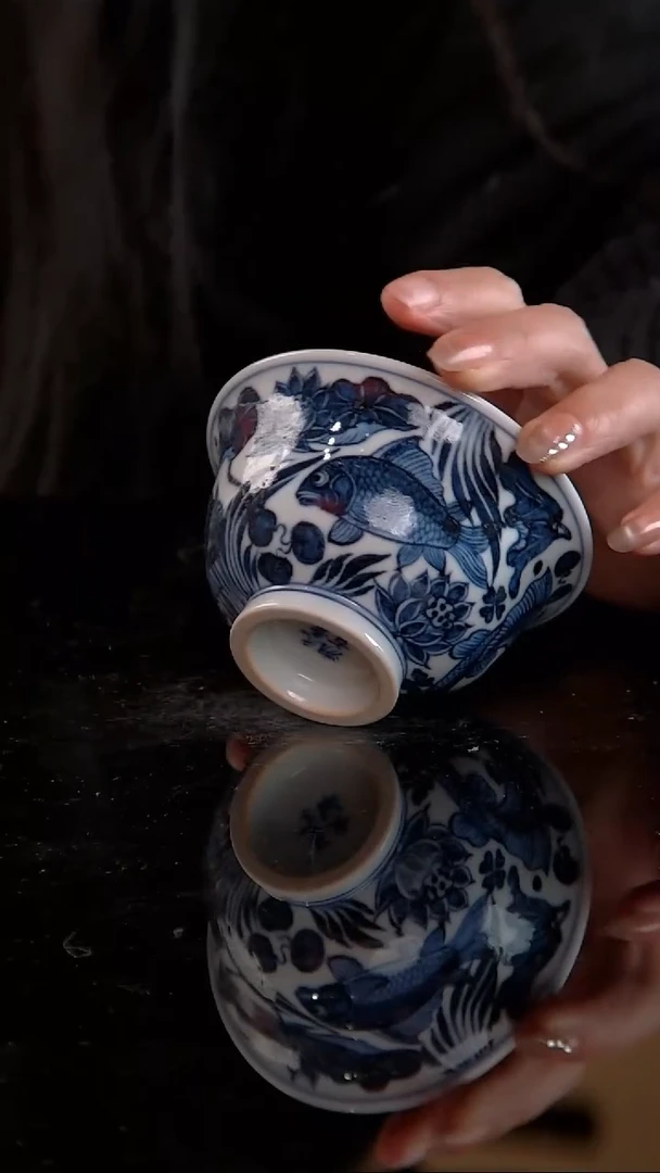 元青溯古仿元青花鱼藻纹压手杯