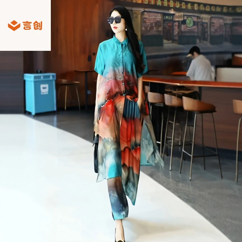 327夏高端复古薄款印花开衫外搭宽松阔腿裤洋气大码气质两件套装