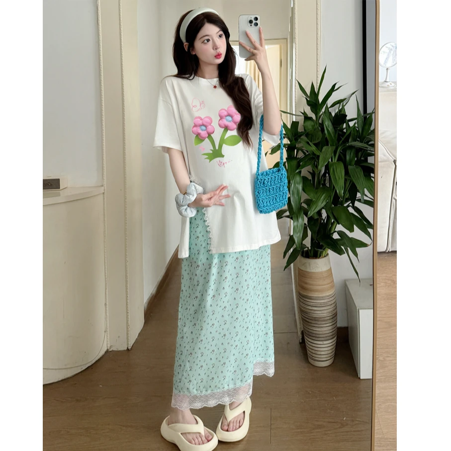 孕妇装套装新款夏季宽松时尚印花开叉短袖T恤+花边碎花半身裙套装