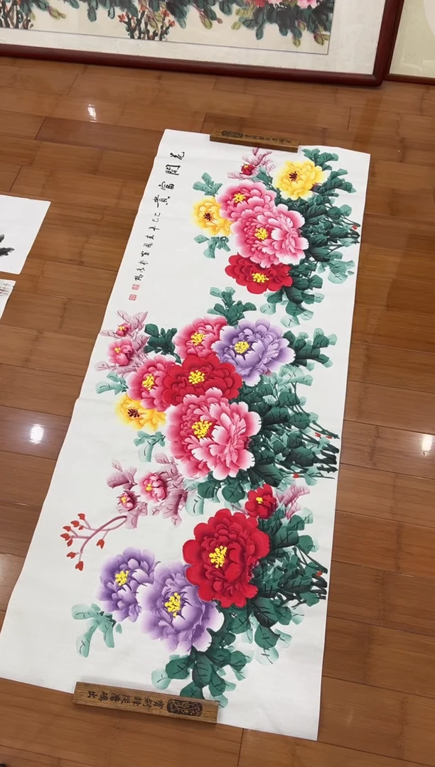 国画【福利】纯手绘手工李春凤牡丹国画横幅180*68厘米