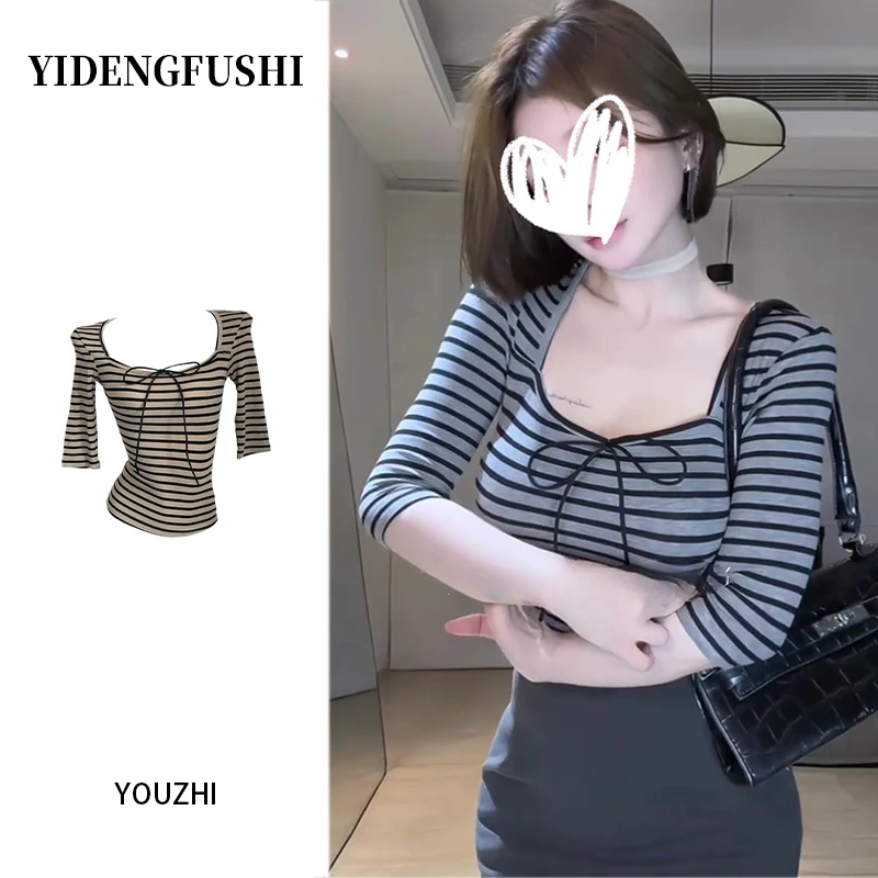 美式辣妹方领中袖条纹系带正肩T恤女2025夏季修身显瘦绝美小上衣