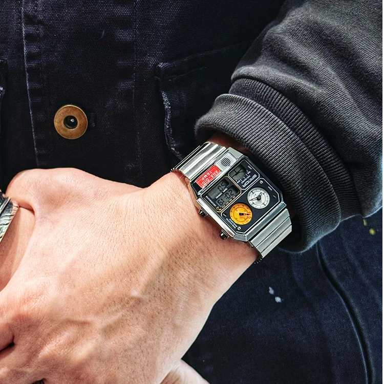 新款高颜值方块多功能中性复古钢带防水测温计时秒表闹钟电子表