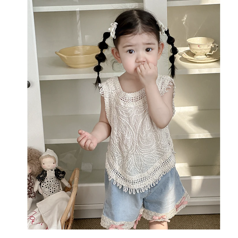 女童夏装两件套新款韩系洋气针织无袖上衣牛仔薄款分体套装儿童