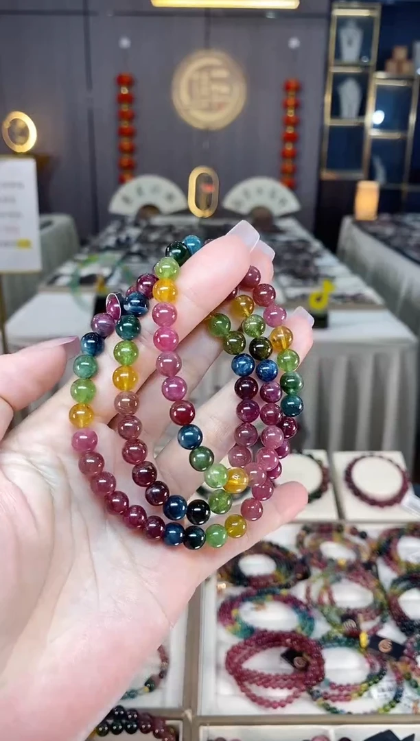 未镶嵌冰透体老矿碧玺彩虹三圈手串7mm+碧玺hon多样性发一条