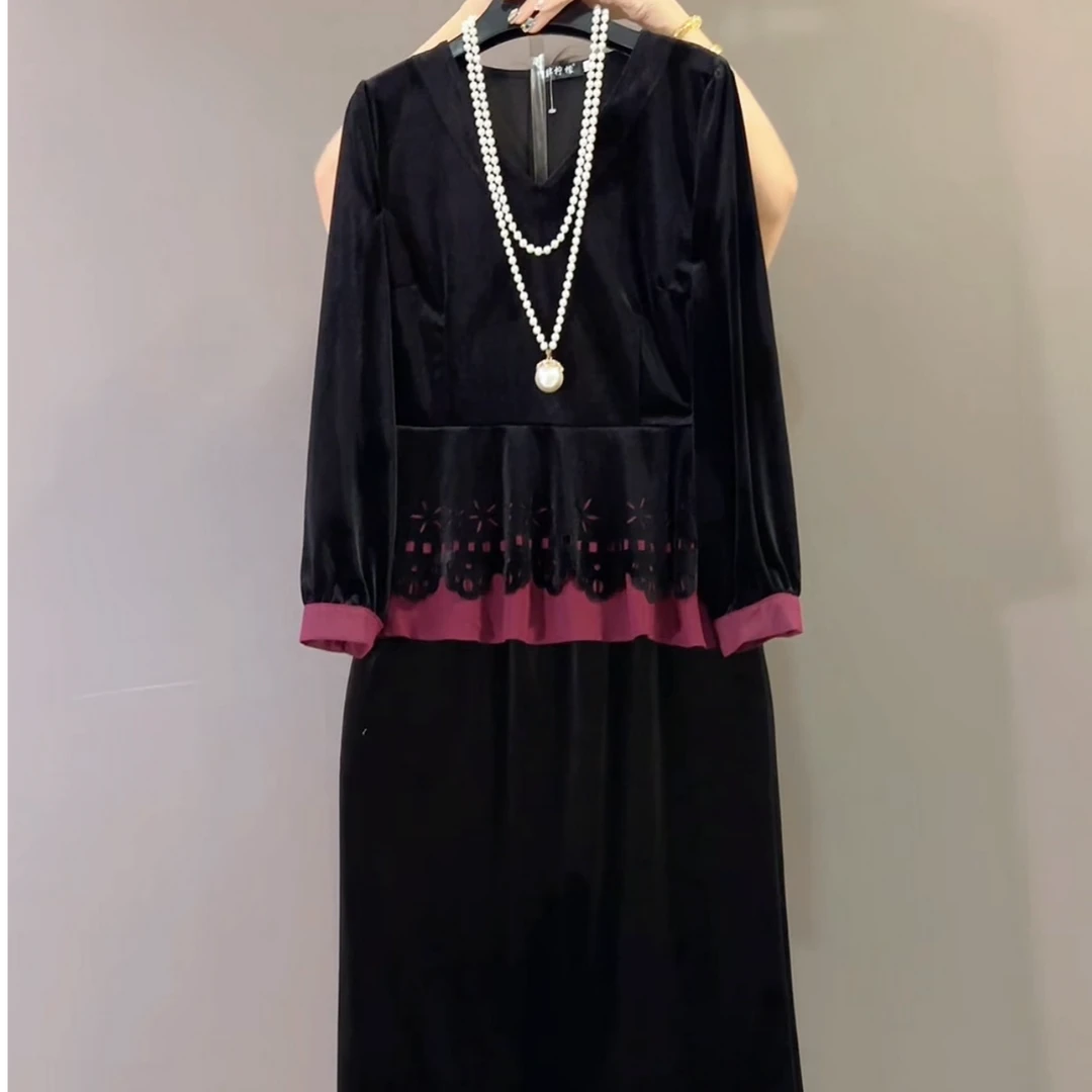 大码V领撞色拼接金丝绒上衣轻熟风遮肉气质弹力套半身裙两件套