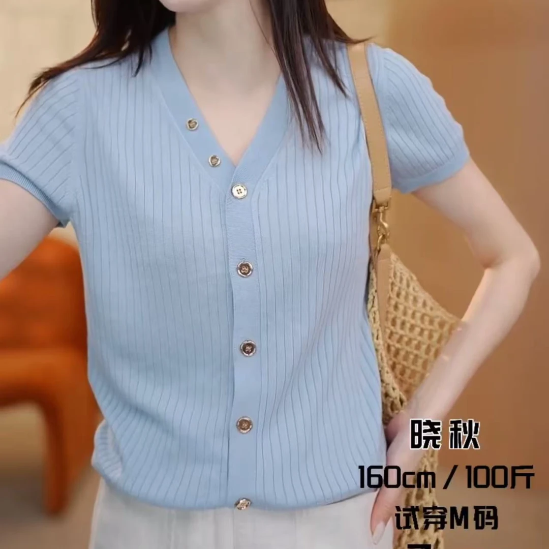 2】凉快~舒适~夏季莱赛尔新款休闲简约坑条开衫女短袖