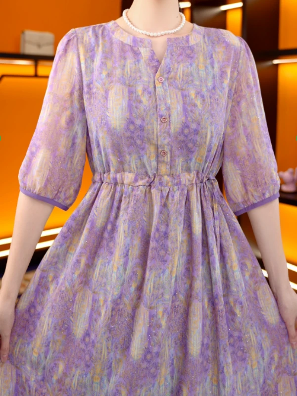 【紫蔷花影】气质优雅百搭抽绳收腰显瘦连衣裙14938