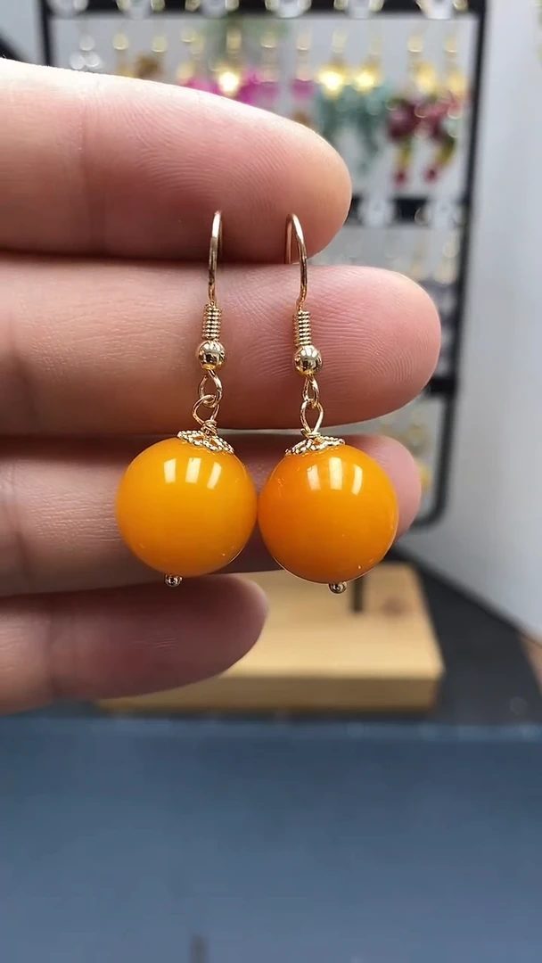 银S925镀金镶嵌蜜蜡耳饰尺寸14mmC4