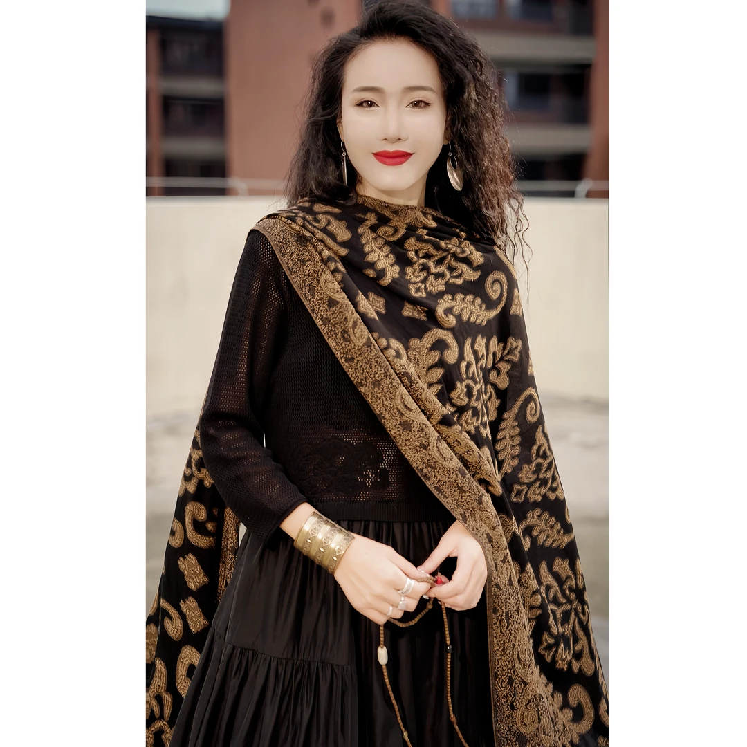 娜三月[沐春]小青复古文艺立体提花女神必备气质经典小黑裙182823