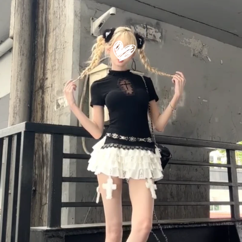 2025年夏季美式复古新款高级设计感短袖T恤修身显瘦纯欲女上衣潮
