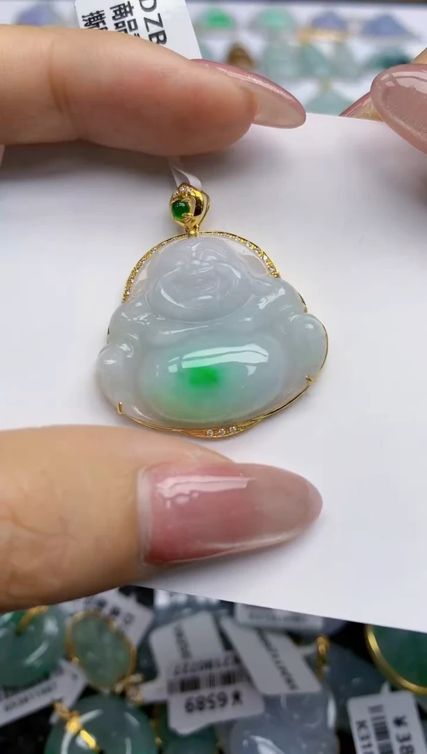 【闪购商品】翡翠挂件18K金镶嵌天然翡翠A货