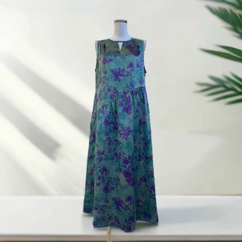 知羽.香云【诗言花意】桑蚕丝重缎香云纱圆领长款背心裙ZY3080