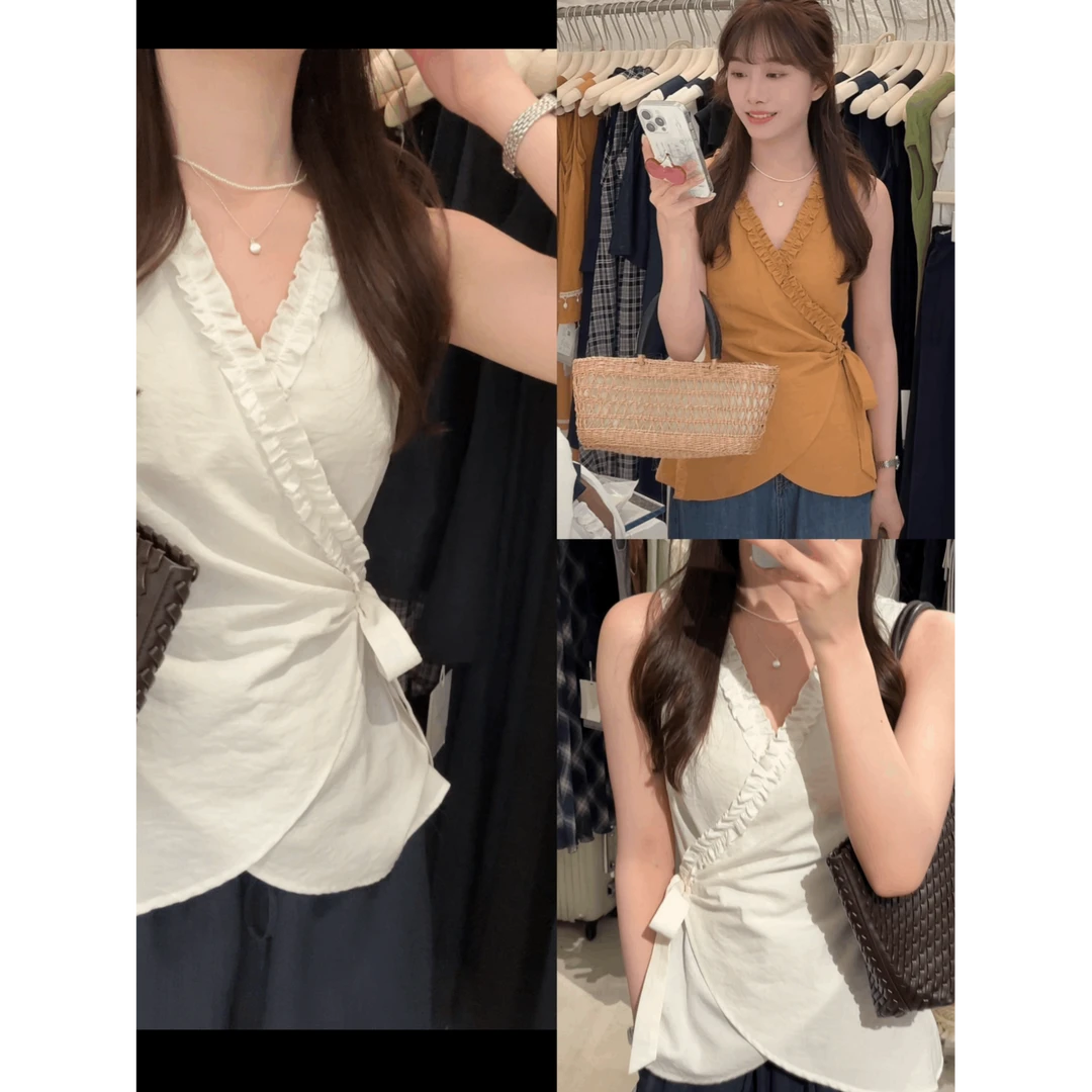 1183#『疯狂心动！』气质温柔精致设计感花边无袖上衣