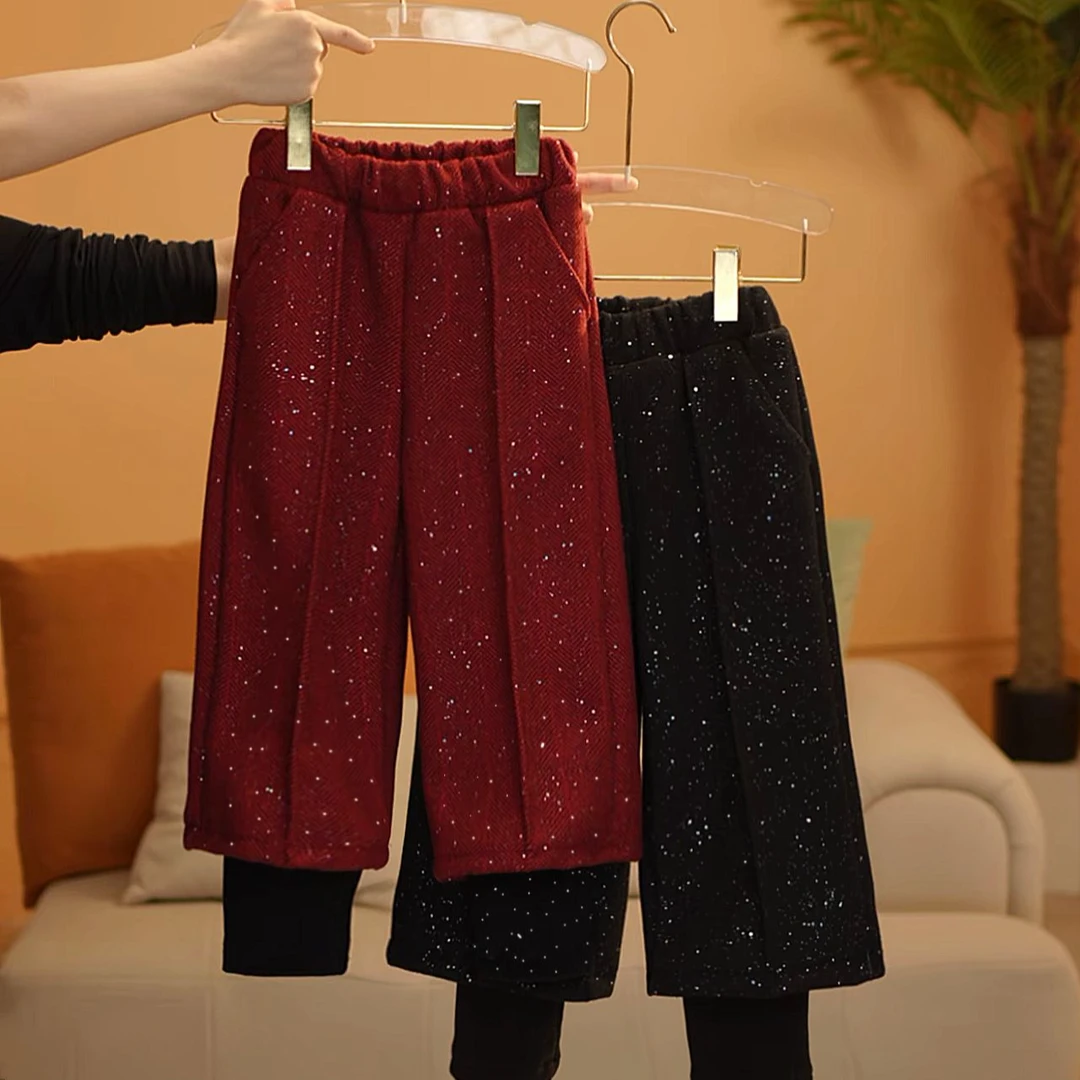 女童休闲裤2025加绒加厚冬季亮片假两件裤子女孩阔腿裤5530003156