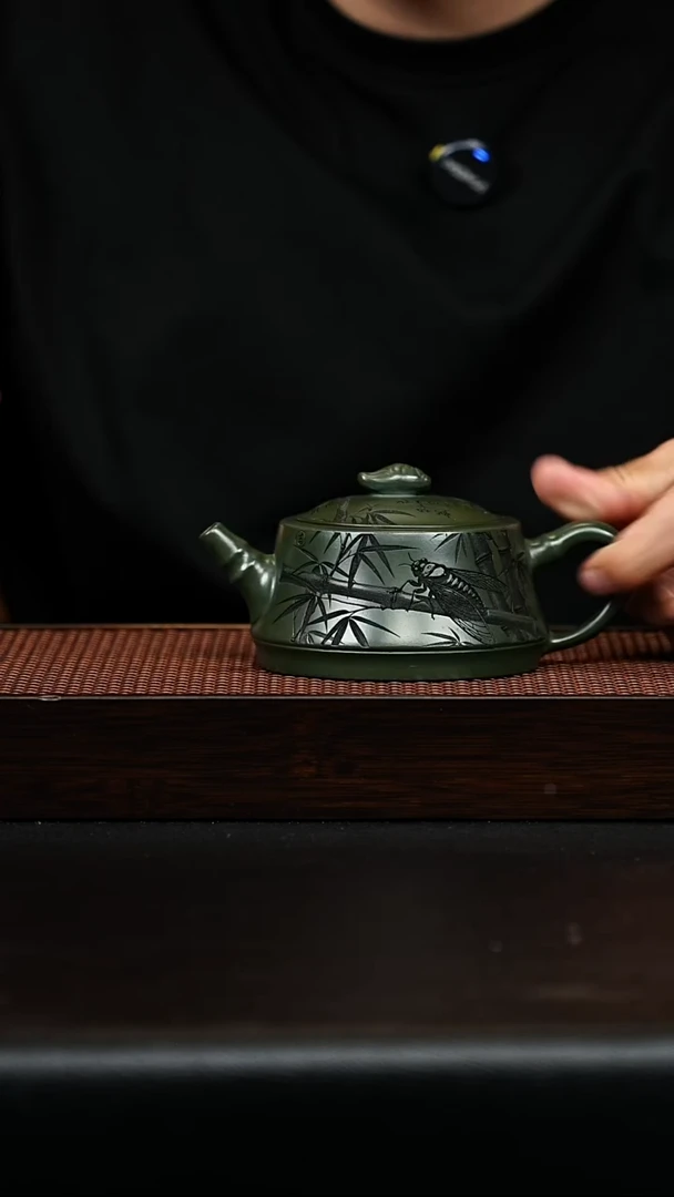 茶壶紫砂宜兴紫砂 蝉趣 绿泥竹段