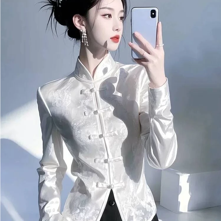 国风高级感白色缎面提花立领长袖衬衫女春独特别致盘扣新中式上衣
