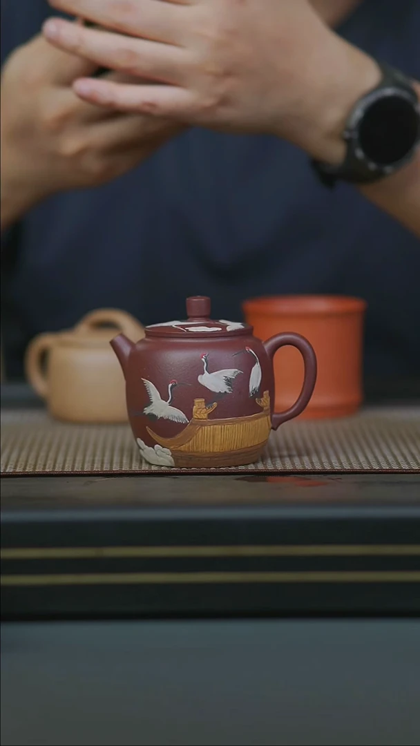 茶壶紫砂傲***见全手底槽清泥绘瑞鹤图般若210cc