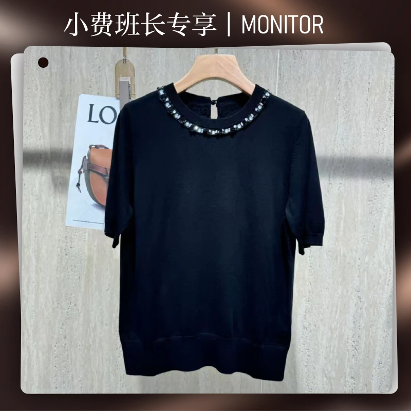 【小费班长专享】静享夏日 简约气质时尚真丝羊毛重工钉珠短袖上衣