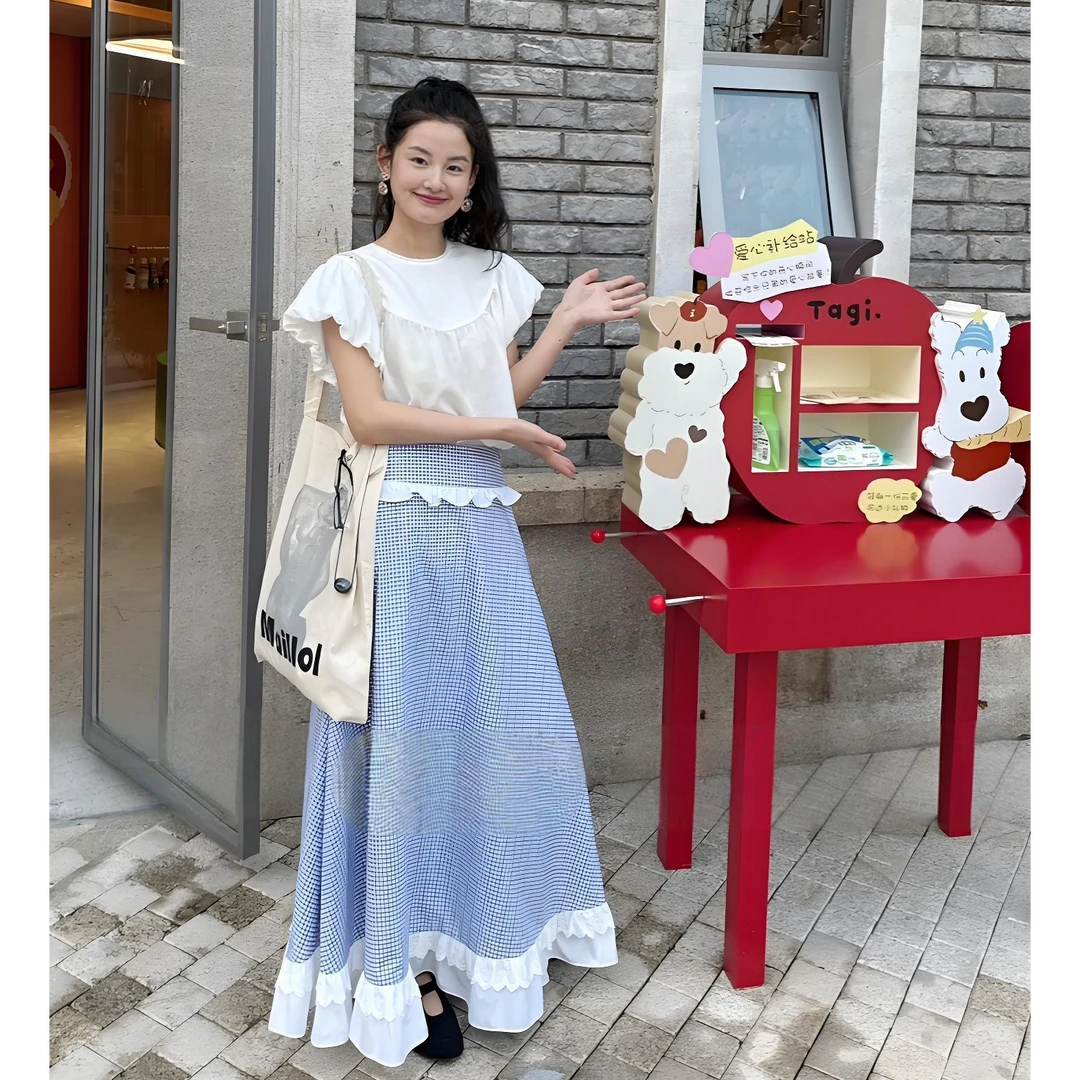 2025夏季新款蕾丝花边高腰显瘦A摆半身裙