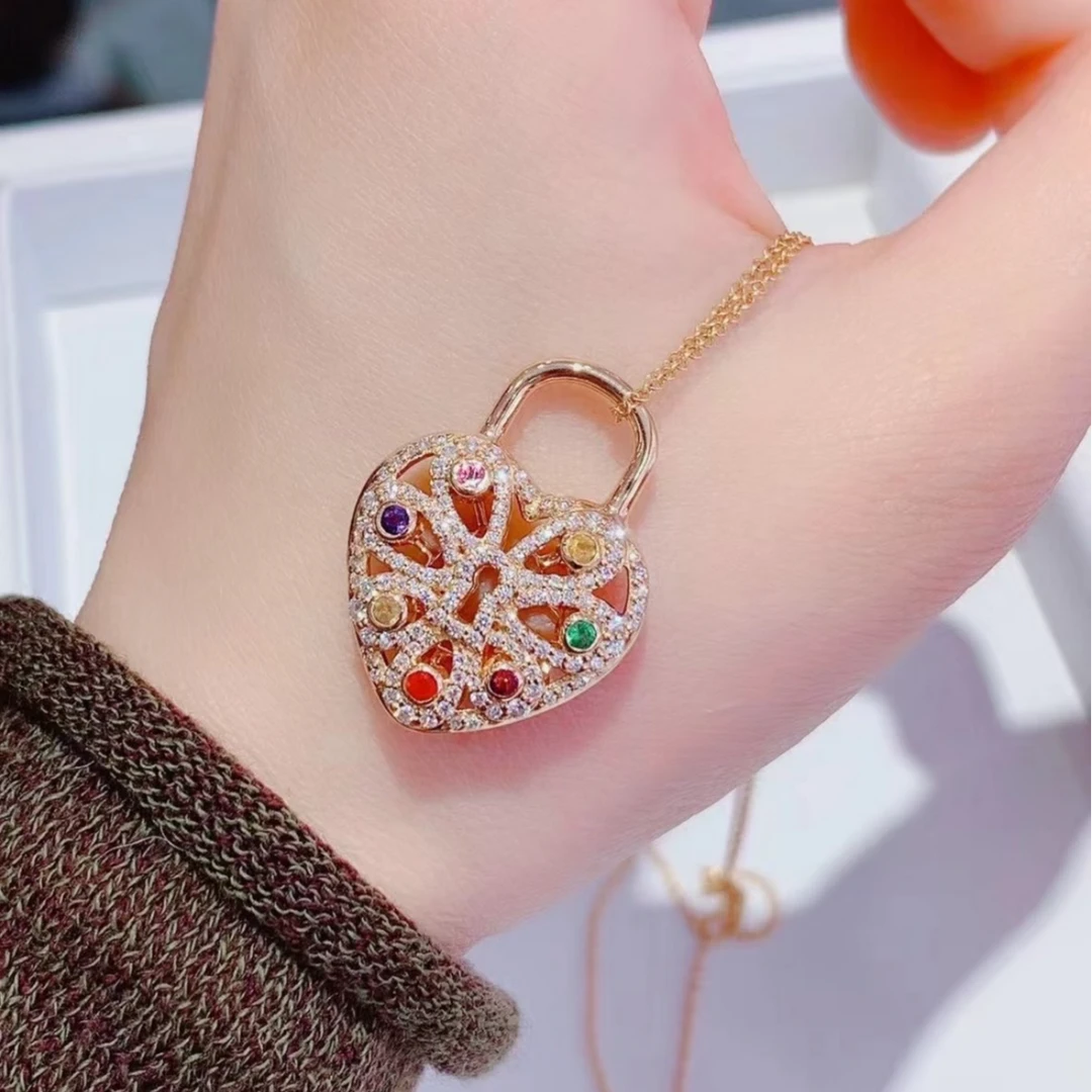 99新 Tiffany & Co./蒂芙尼 【念念】心形锁 彩宝满钻项链 玫瑰金