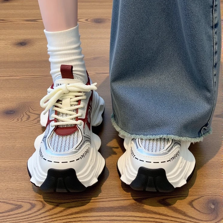 酒红色增高5cm老爹鞋女2025秋季新款网面透气厚底时尚轻便运动鞋