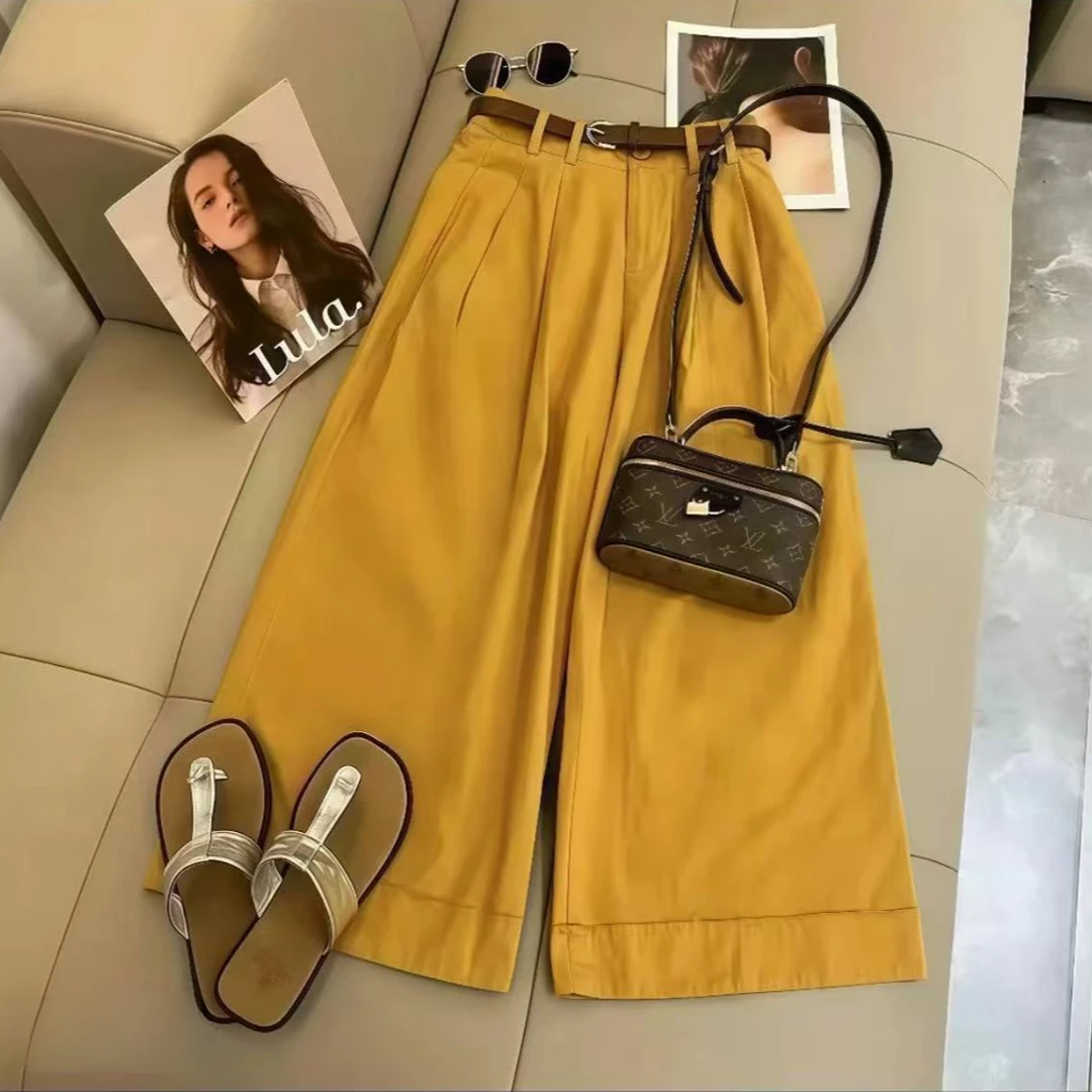 528【送腰带】夏季韩版气质毛边高腰直筒裤简约宽松阔脚休闲裤