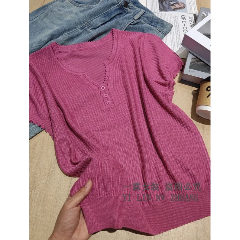 一霖女装2025新款V领夏季薄款百搭毛衣短袖设计感针织上衣FH25813