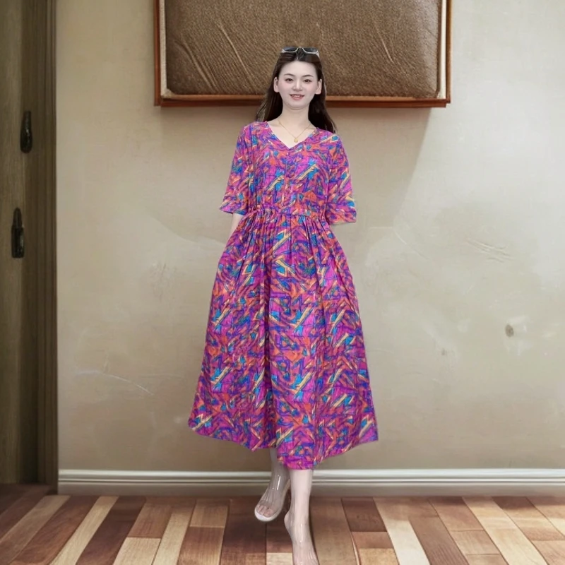 九儿新款上新夏季V领时尚气质宽松抽绳有口袋连衣裙哦