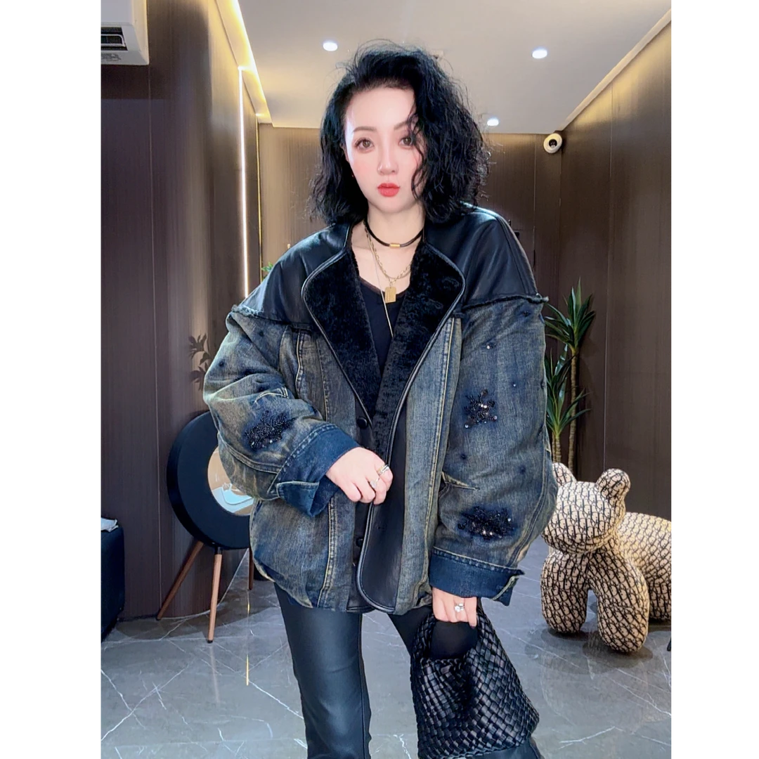 【茉茉】欧货重工羽绒服2025冬新款欧货女款小众拼接牛仔外套56185