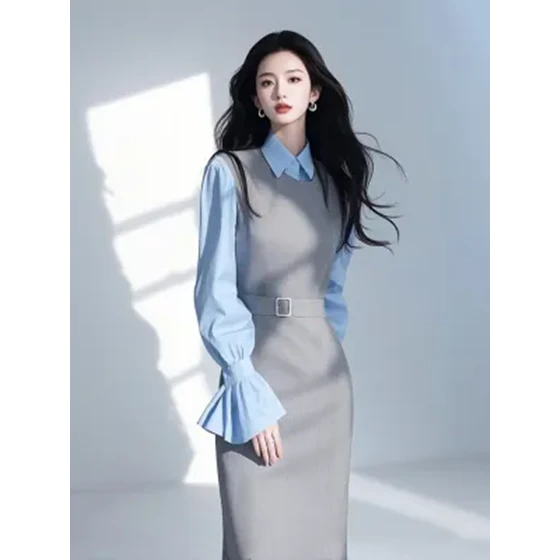 早春穿搭整套职业女装小香风灰色背心连衣裙叠穿条纹连衣裙套装
