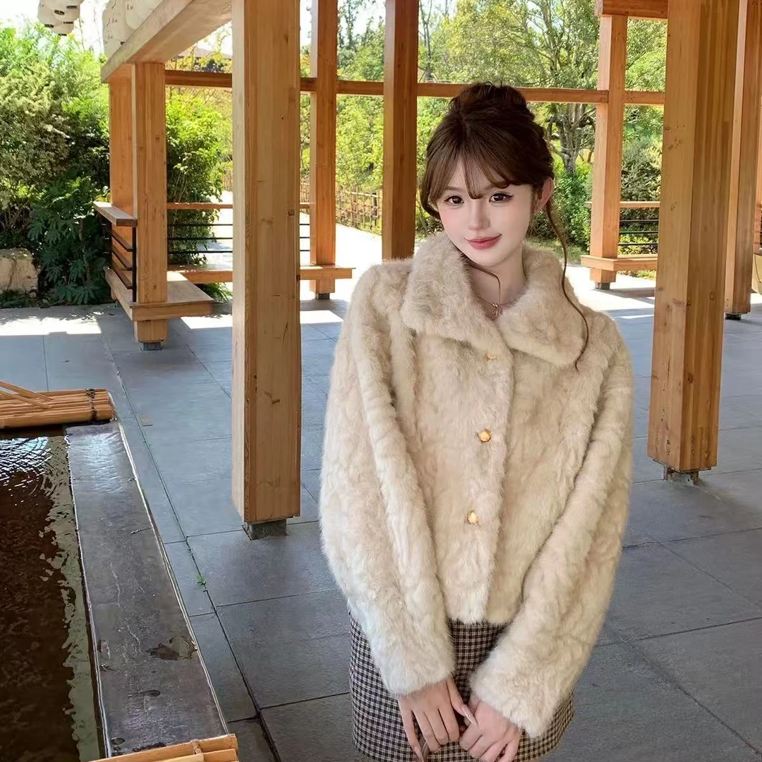皮毛一体外套韩版宽松气质秋冬毛茸上衣