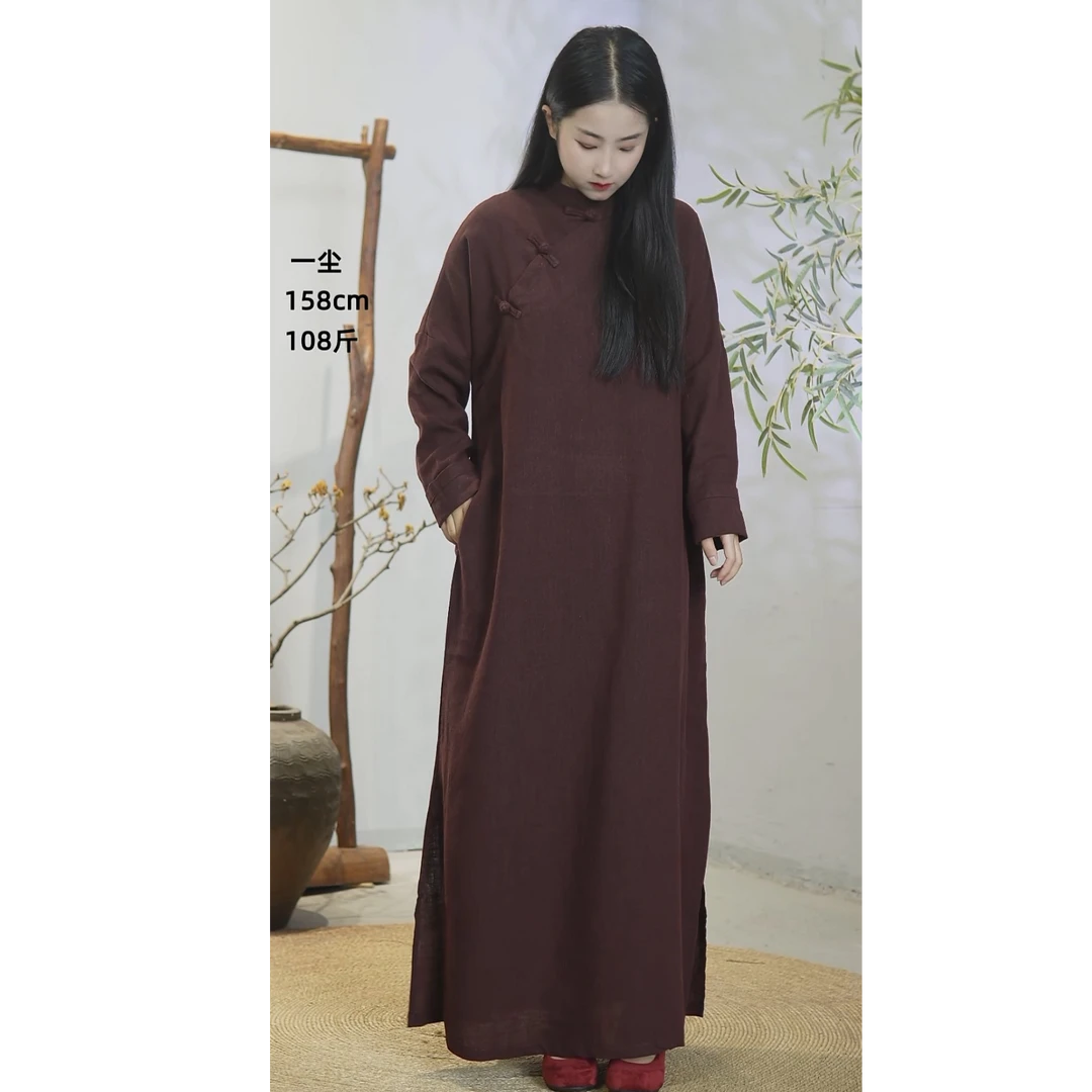 【秋韵】秋款棉麻宽松复古风长旗袍