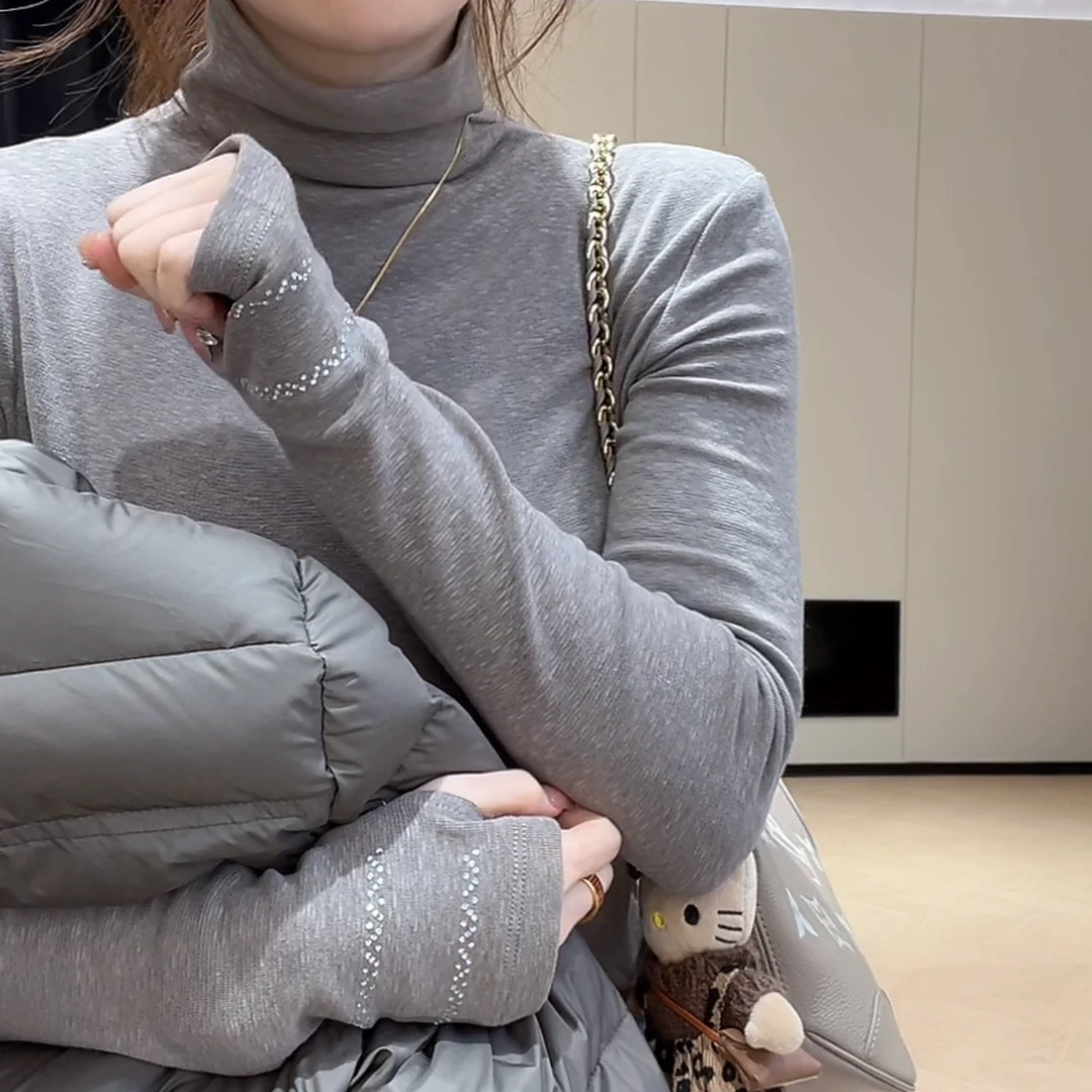 【高领抓绒款】重工烫钻手袖设计长袖T恤女秋冬季显瘦保暖打底上衣