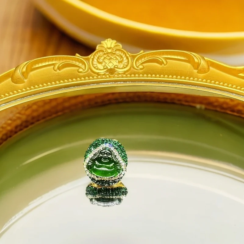 铜合金合成锆石戒指 绿色手工雕刻佛公首饰轻奢指环小众款戒指