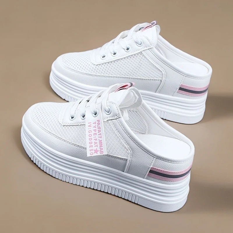 跟高7cm时尚百搭高跟小白鞋外穿包头半拖夏季网面一脚蹬休闲女鞋