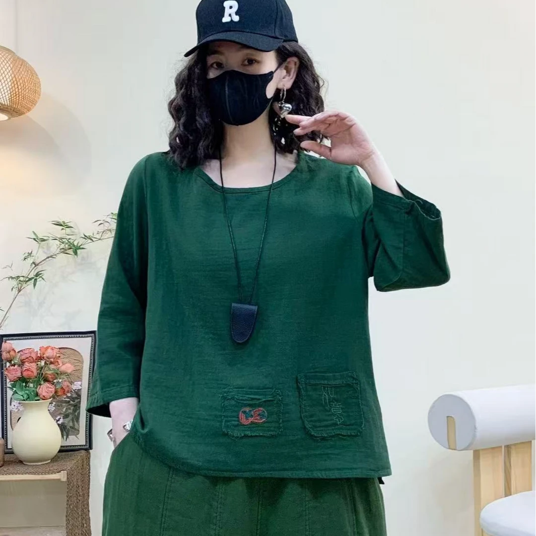 C2852春季做旧绣花T恤女宽松型百搭圆领长袖显瘦森系