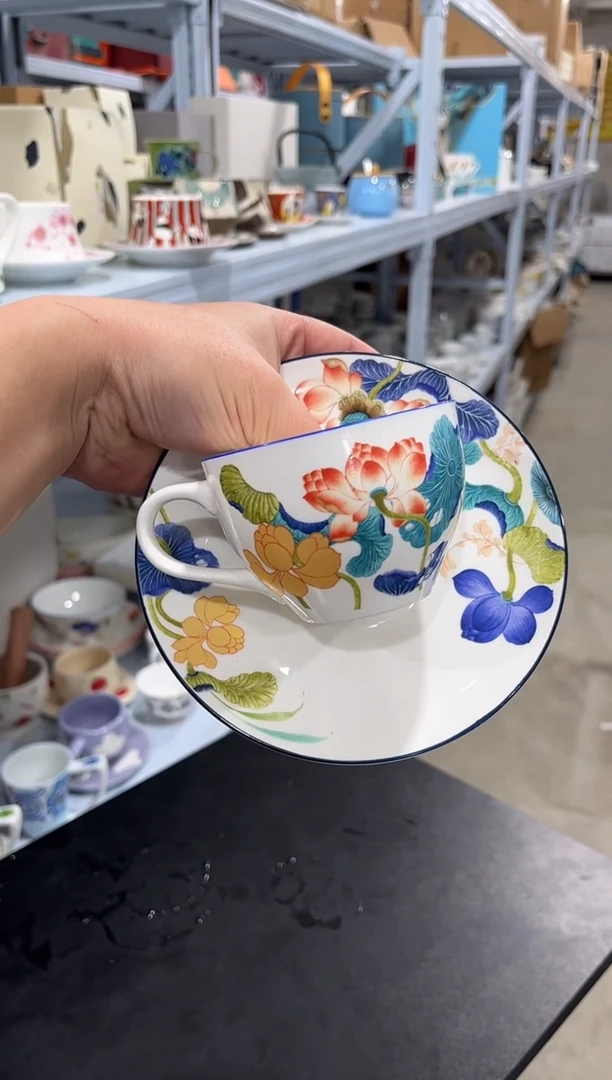 杯子骨瓷（简装）荷花咖啡杯碟一套+小勺