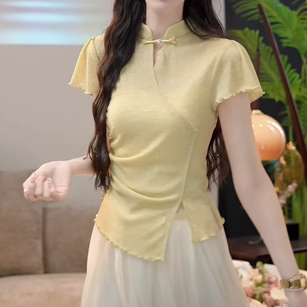 设计感国风立领盘扣不规则短袖T恤女2025夏季新款气质黄色上衣