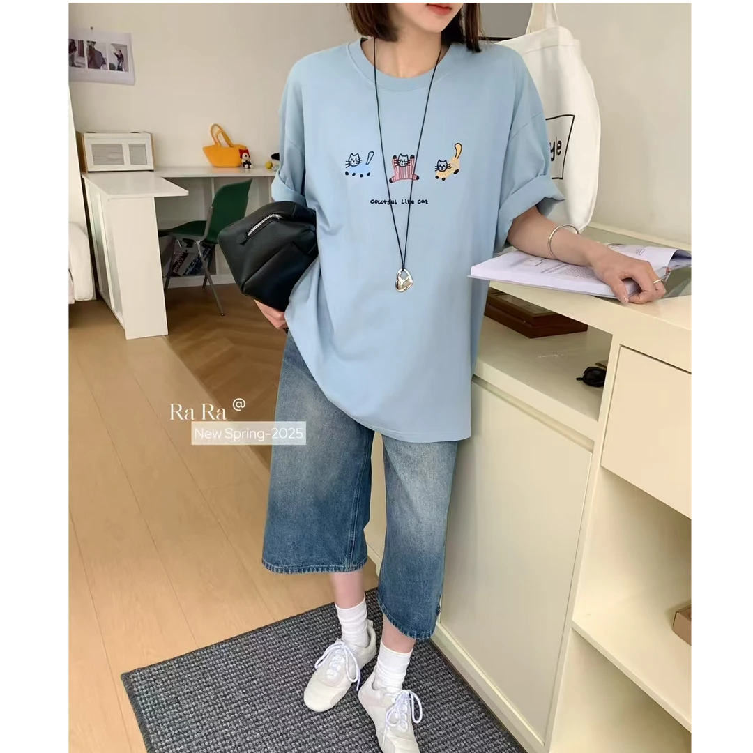 新款春夏印花短袖T恤女宽松显瘦设计感休闲上衣