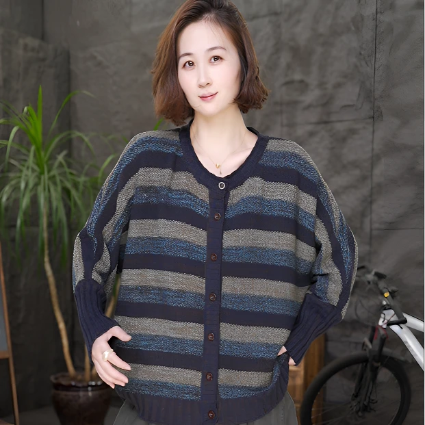 【开衫条纹针织衫】qq女装长袖秋冬气质宽松针织衫复古百搭上衣