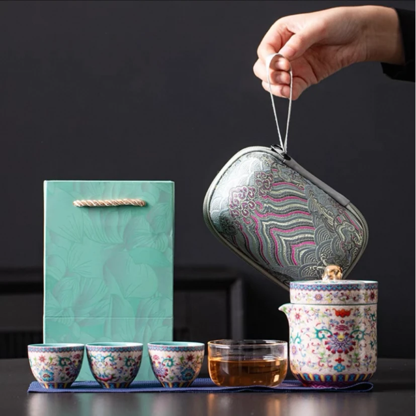 泉贵陶瓷 万花珐琅彩一壶四杯便携式旅行茶具高档送礼必备户外