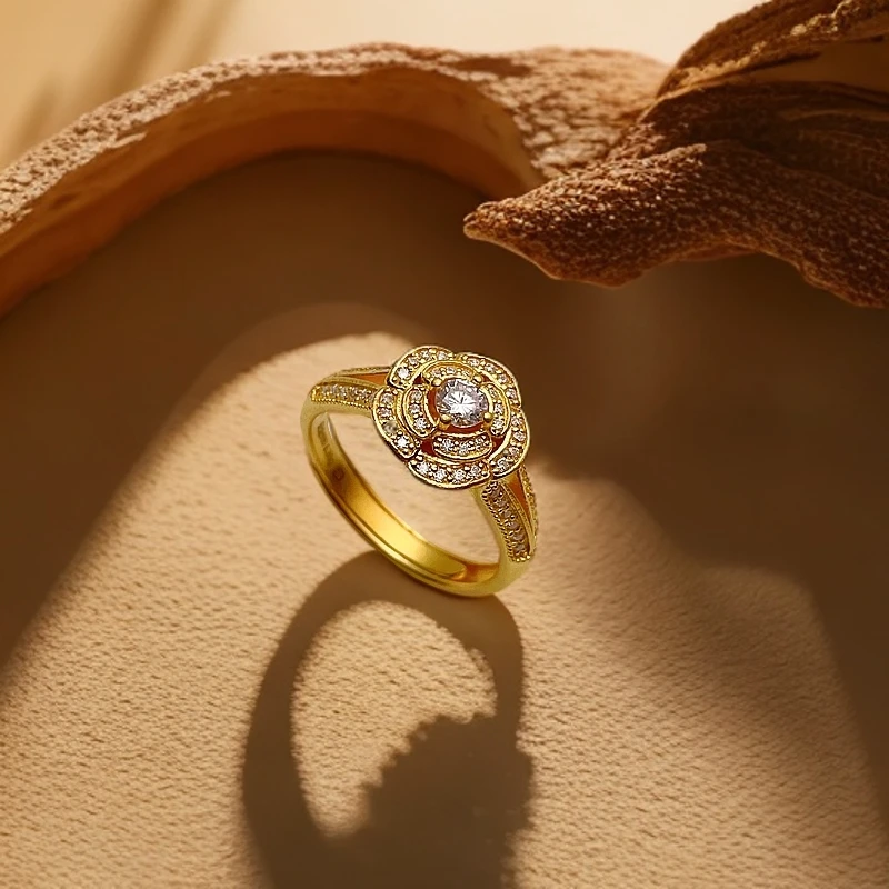 足金点钻山茶花戒指黄金活口戒指