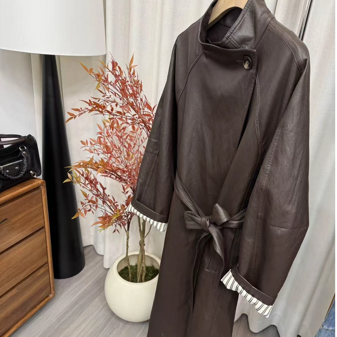 咖啡糖风衣 105+金属丝蛋白皮_褶皱肌理中长款外套