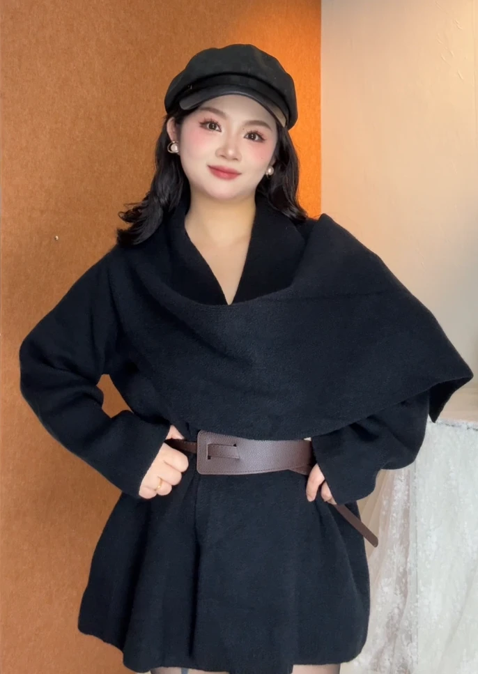 韩系气质松弛氛围感围巾领气质慵懒针织开衫外套短外套(配腰带)