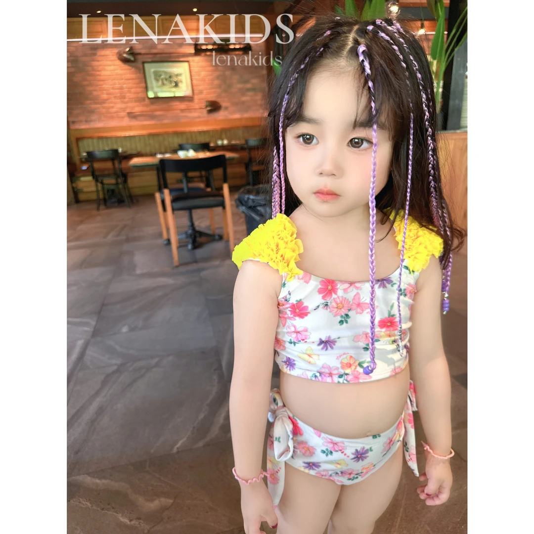 Lenakids【年中狂欢】黄色花花吊带洋气时髦碎花女童泳衣23062613