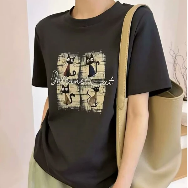 夏季新款猫咪字母印花短袖正肩T恤女大码胖MM遮肚子显瘦百搭上衣