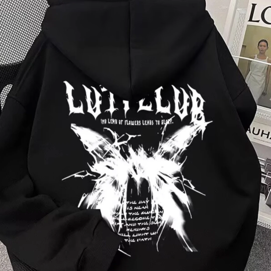 美式hiphop蝴蝶印花连帽卫衣男女秋冬ins潮洋气加绒宽松情侣上衣