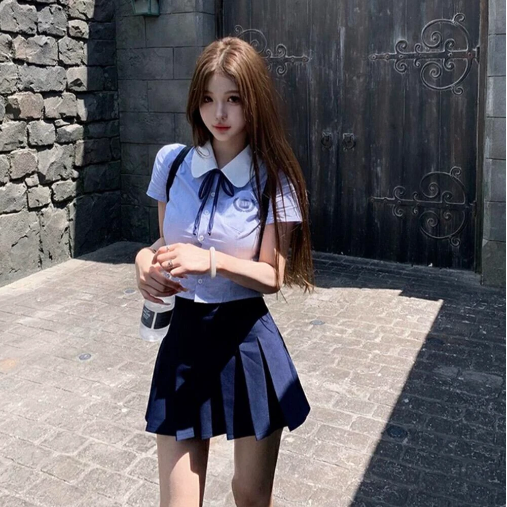 樱岛学姐夏季短款甜美少女蓝色学院风衬衫百褶短裙JK套装女高级感