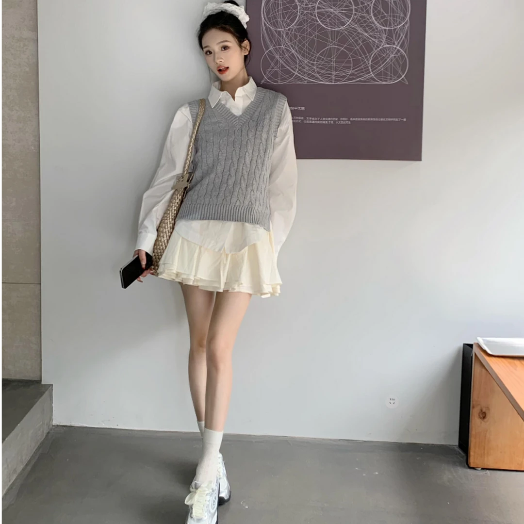 常规长袖翻领衬衫纯色复古灰色马甲百搭时尚半裙早秋季三件套时尚