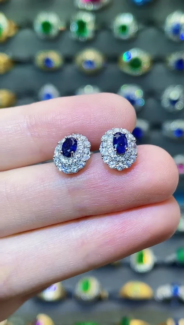 耳饰蓝宝石18K金镶嵌天然